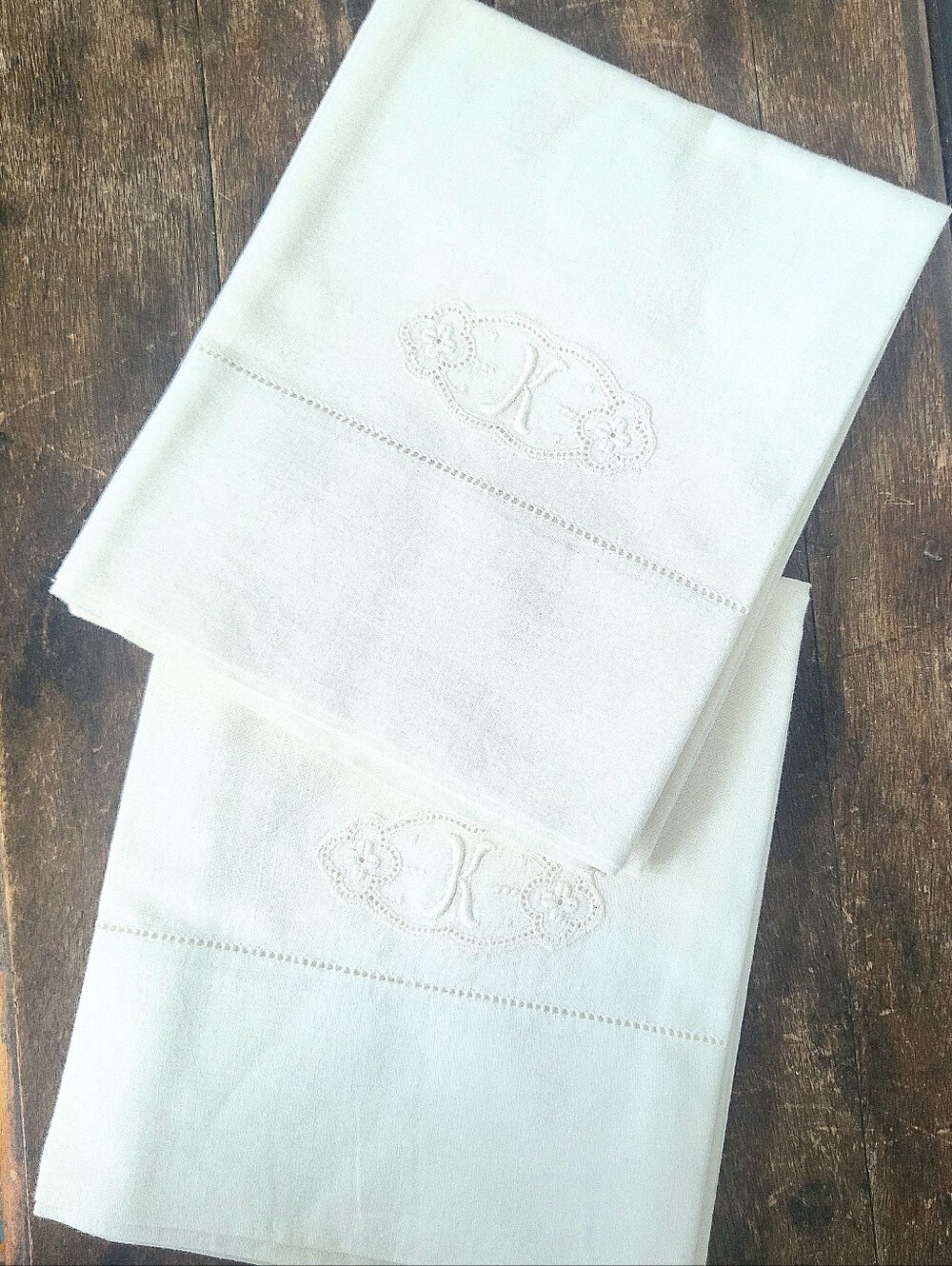 Vintage Monogram Inital "K" Ivory Linen Cotton Queen Pillowcases Set Of 2 - Picture 7 of 7